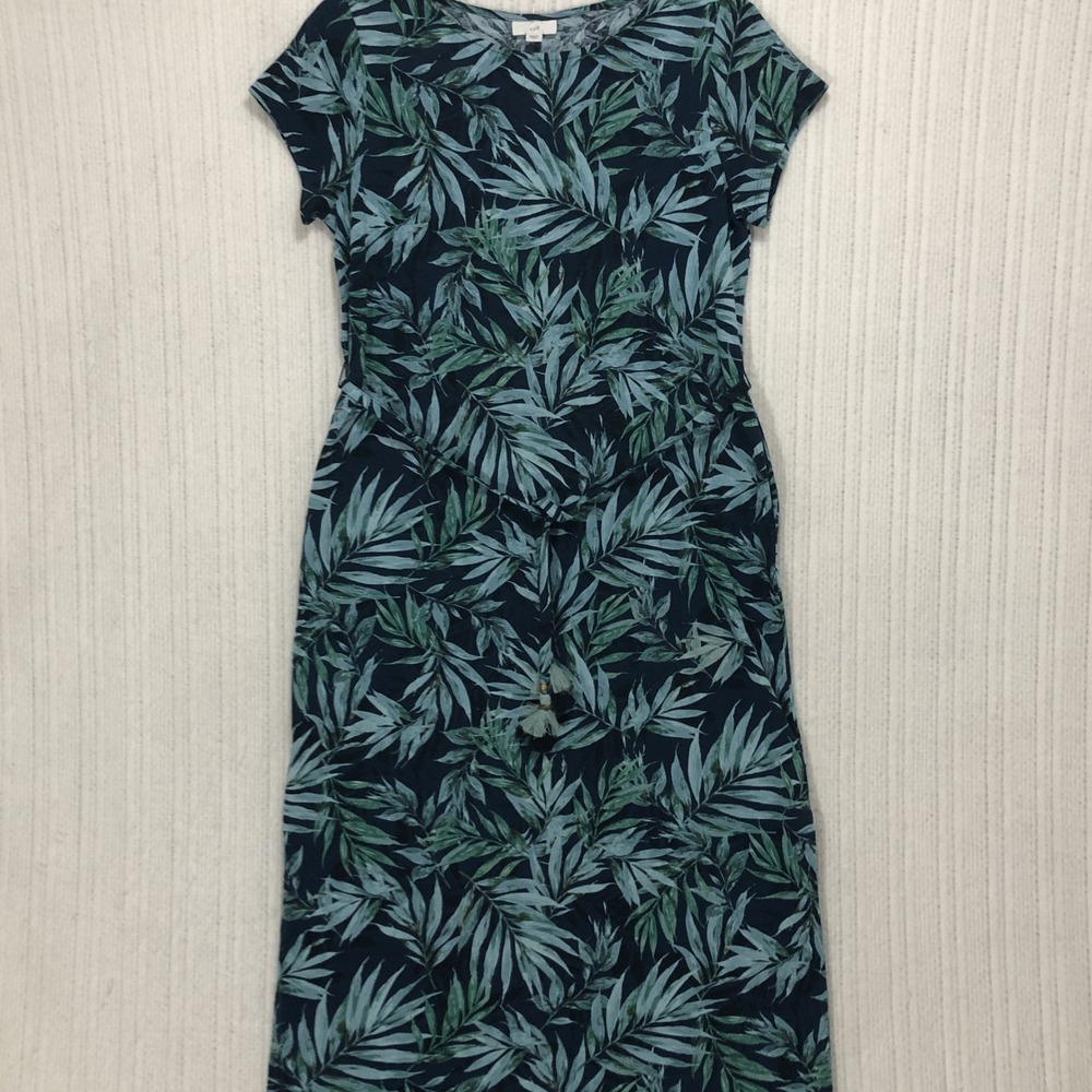 J. Jill Womens Navy Green Palm Leaf Tropical Midi Dress Tencel Blend Size S